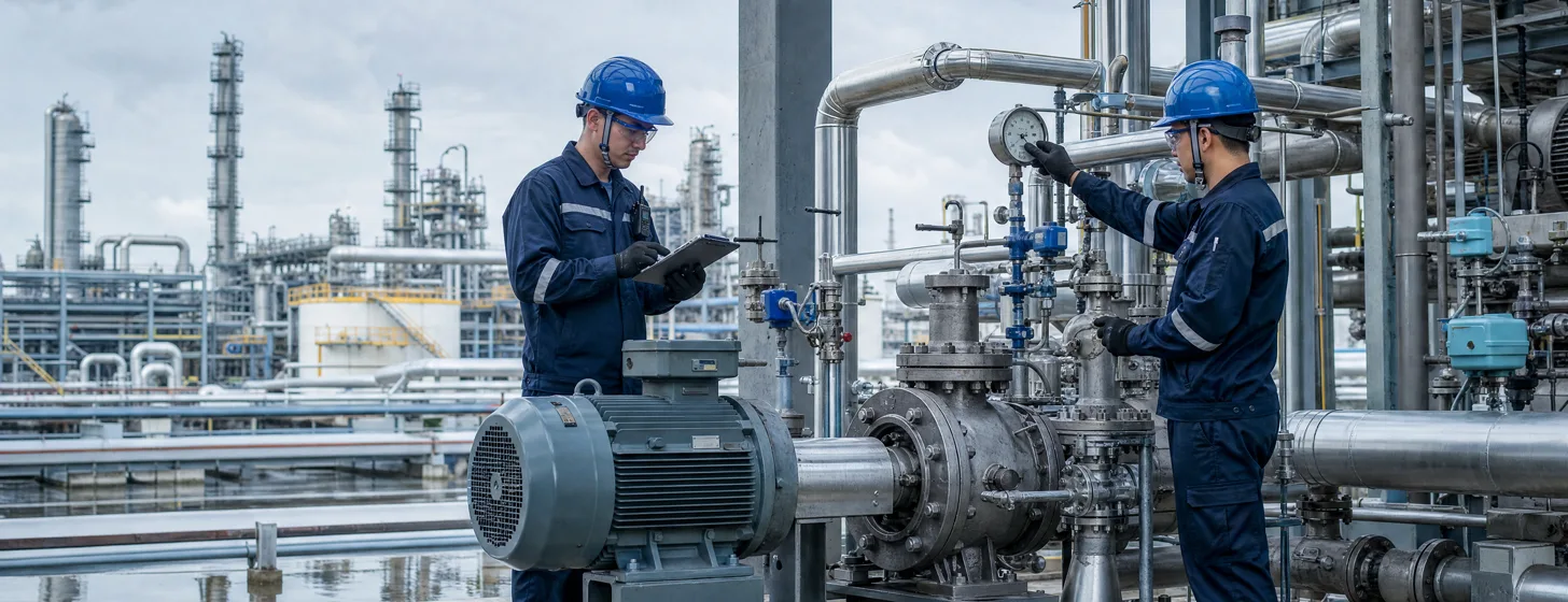 Инженеры выполняют пусконаладку насосного оборудования на нефтехимическом предприятии